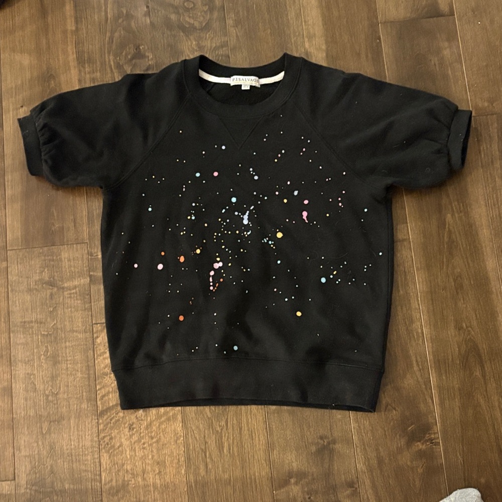 PJ Salvage Black Short-Sleeve Pullover Sweatshirt with Multicolor Paint Splatter